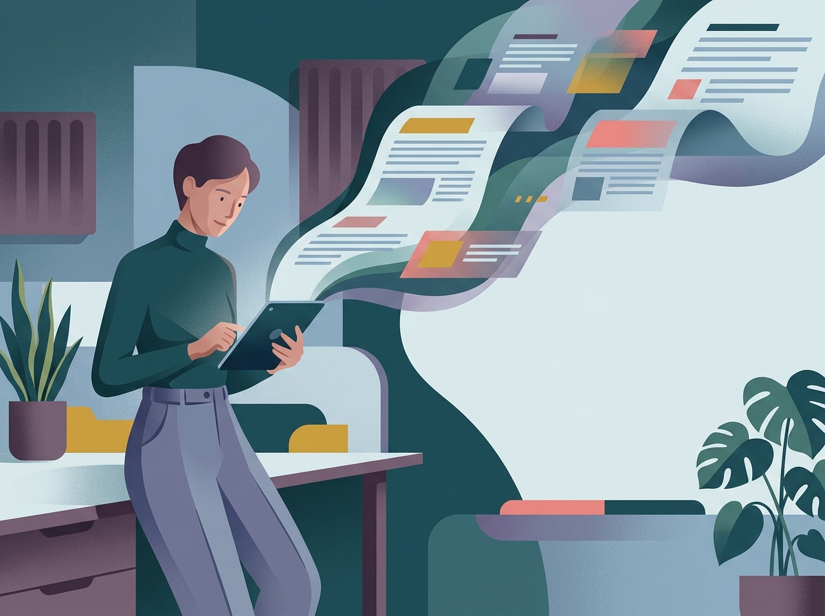 Cyfrowa ilustracja: osoba z łatwością zarządza treścią, widząc jak AI usprawnia prowadzenie bloga firmowego.