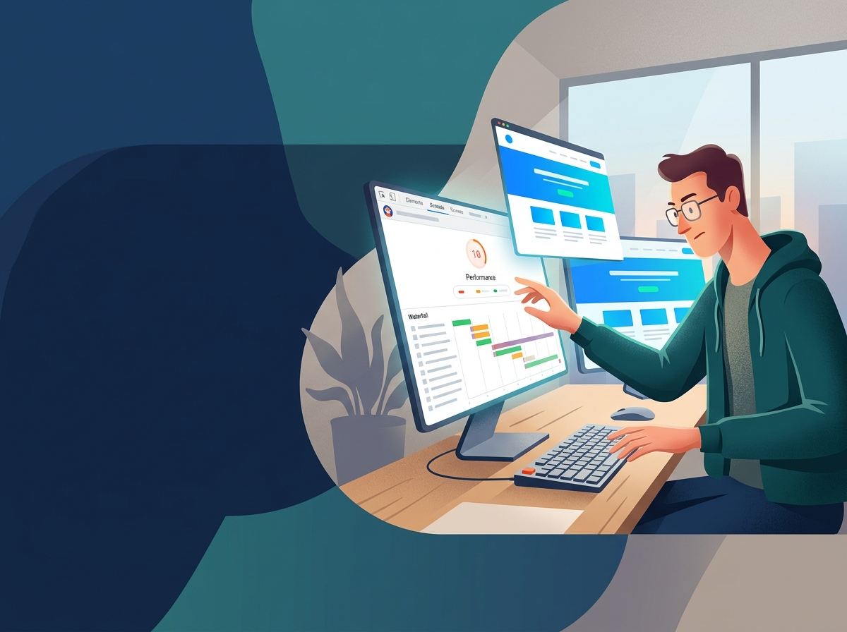 Developer analizuje dane wydajności strony, optymalizując lazy loading JavaScript SEO za pomocą narzędzi deweloperskich.