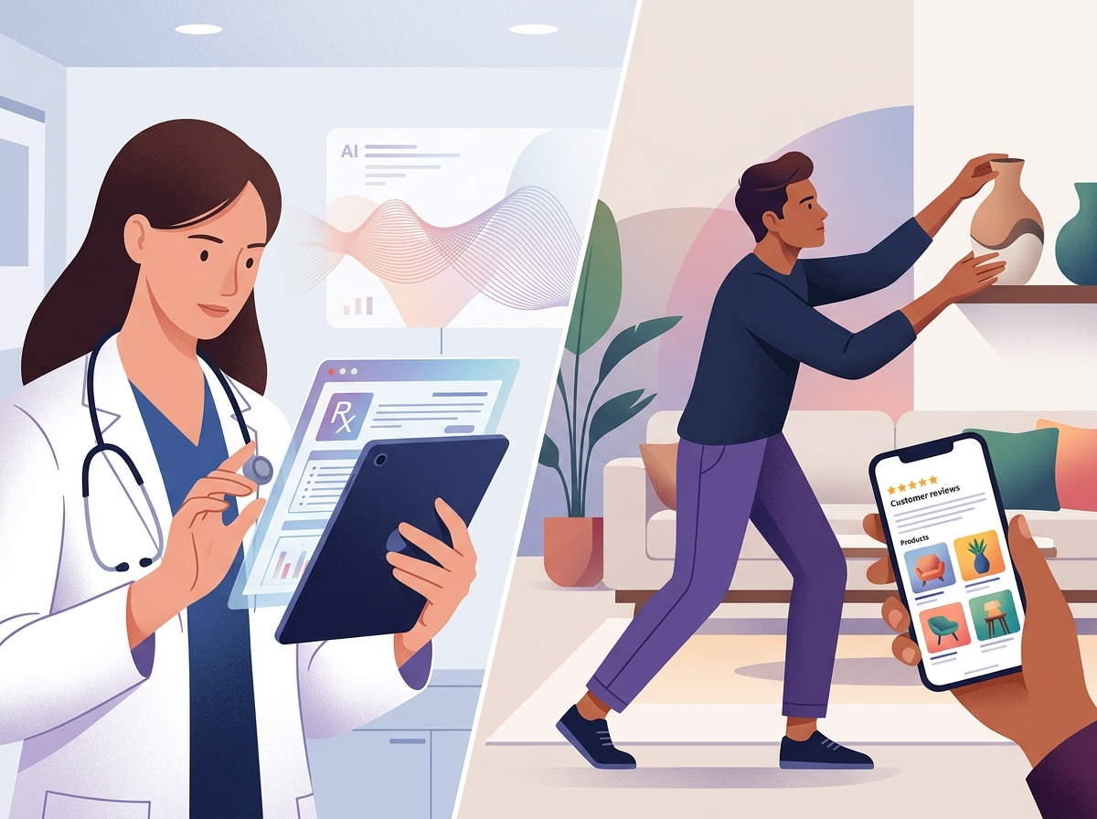 Ekspert medyczny i projektant wnętrz w cyfrowej ilustracji, demonstrujący różnice E-E-A-T AI.