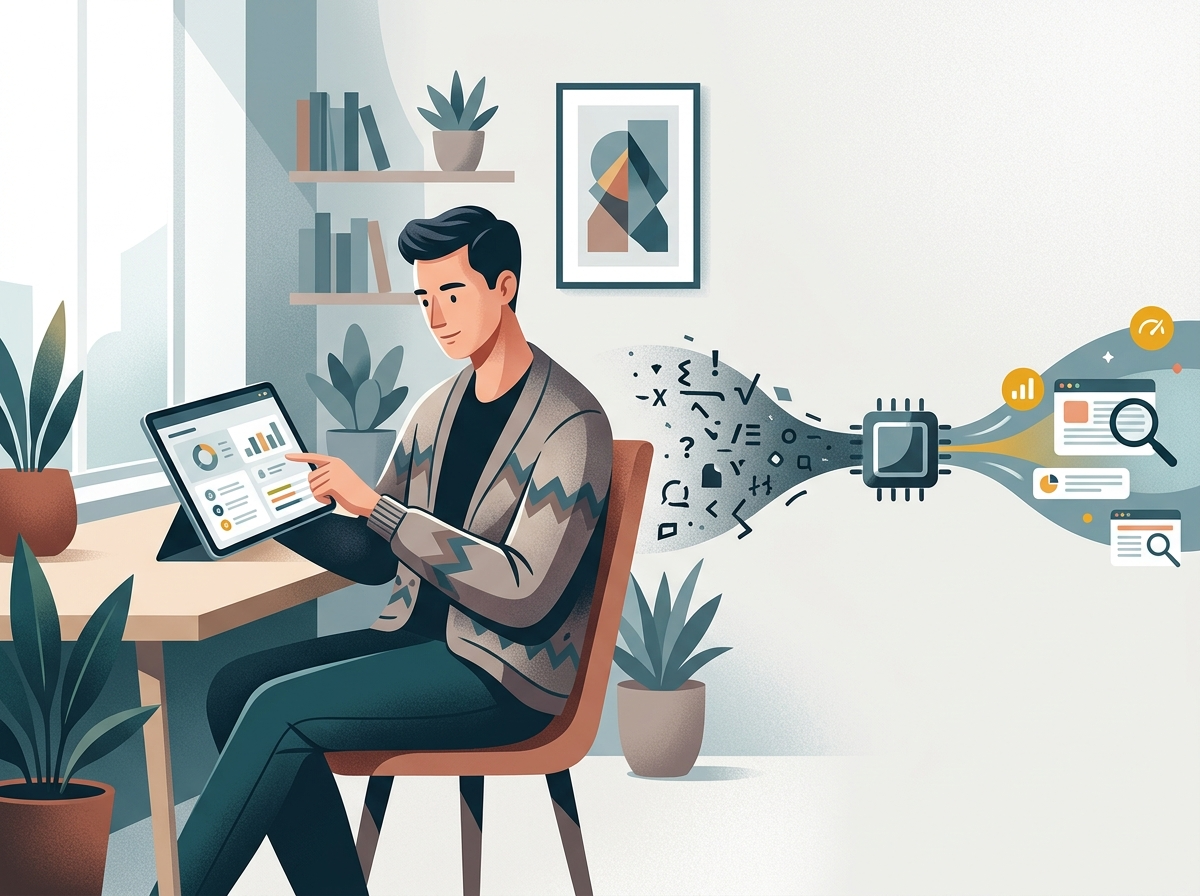 Ilustracja przedsiębiorcy, który dzięki automatyzacji SEO unika problemów z przekierowania 301 302.