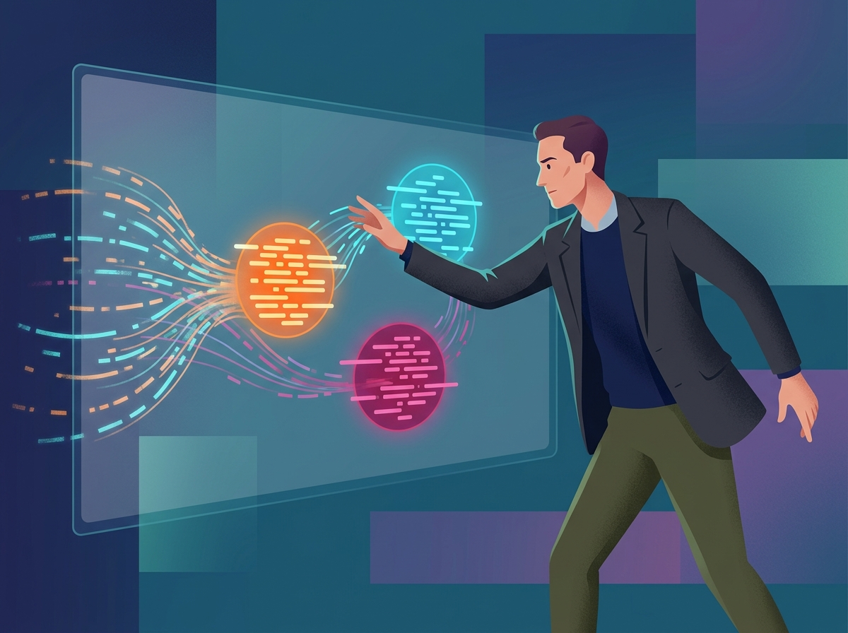 Ilustracja przedstawia postać analityka grupującego frazy kluczowe na ekranie, symbolizując keyword clustering.