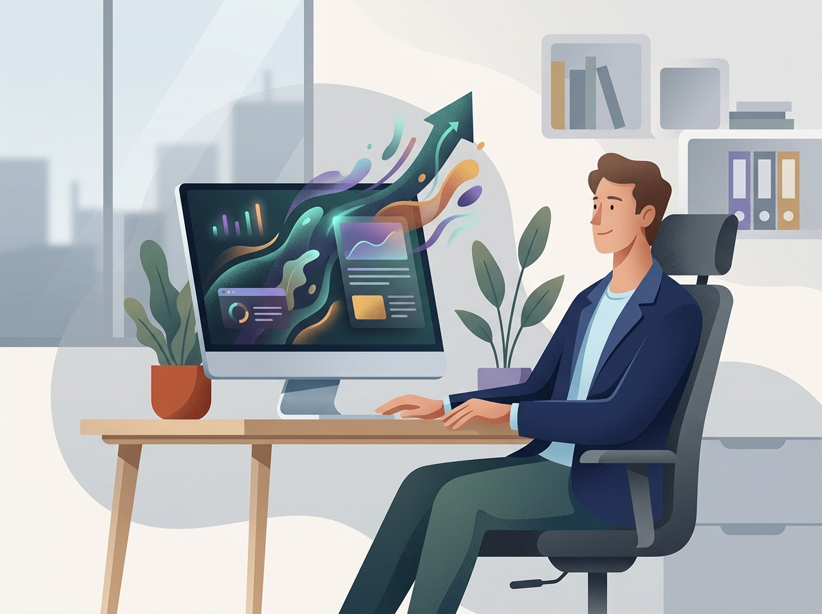 Ilustracja przedstawiająca zadowolonego właściciela firmy po udanym audycie technicznym SEO, z automatyzacją treści.