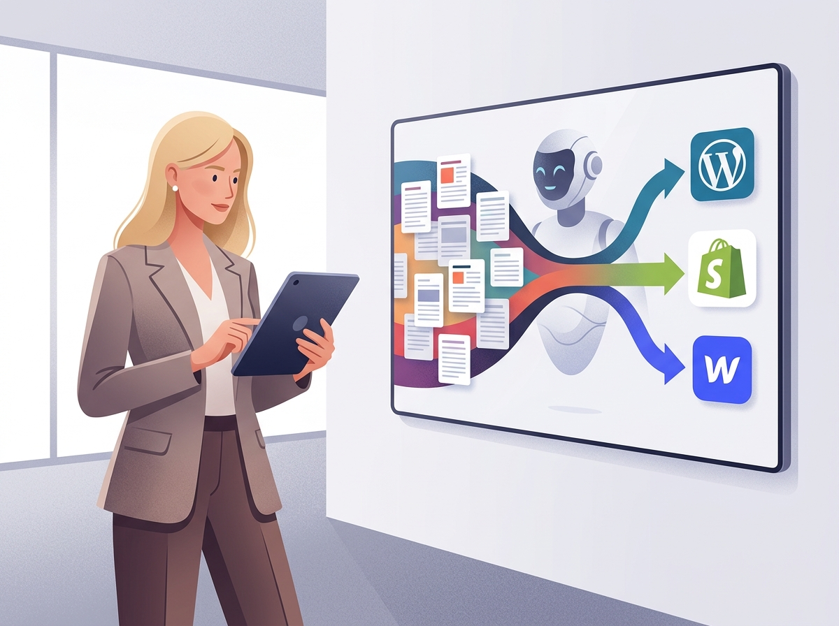 Kobieta z tabletem nadzoruje efektywność AI w generowaniu treści, ilustrując automatyczny blog vs copywriter.