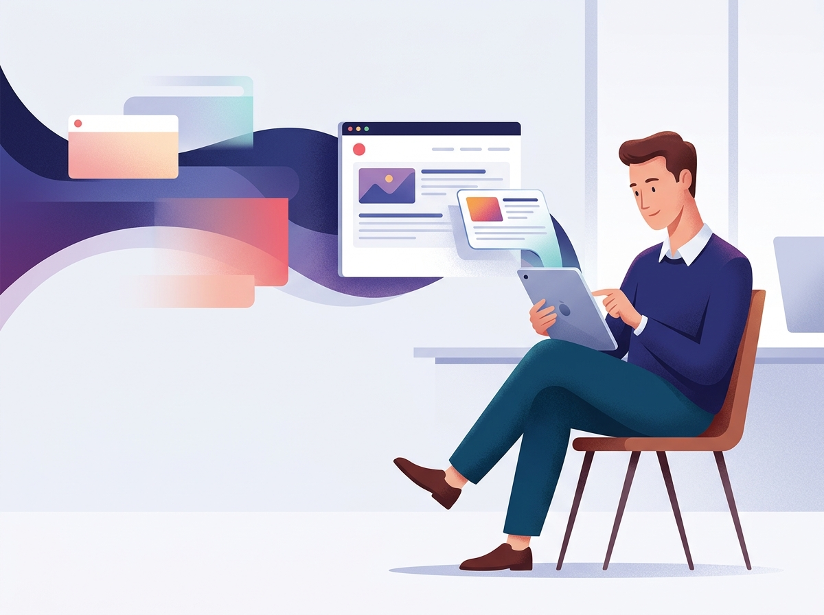 Młoda osoba biznesowa spokojnie obserwuje tablet z automatycznymi artykułami, symbolizując najlepsze narzędzia SEO.