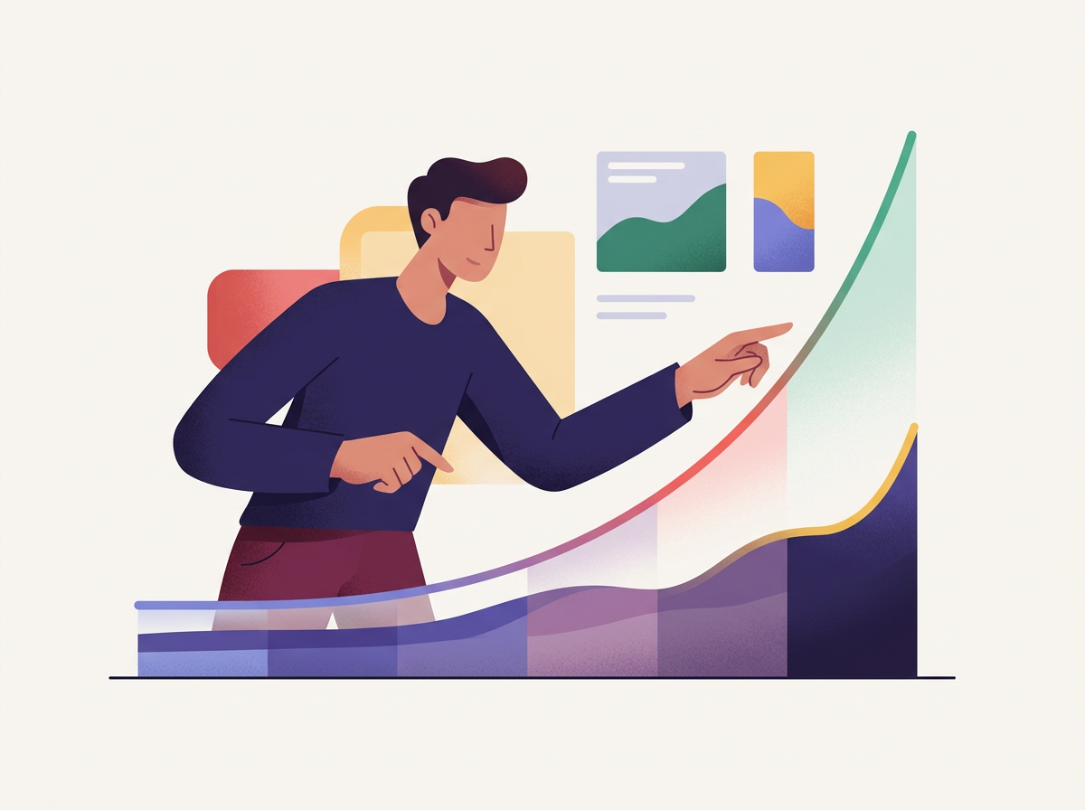 Postać analizująca oś czasu z wykładniczym wzrostem widoczności, ukazująca jak długo trwa pozycjonowanie.