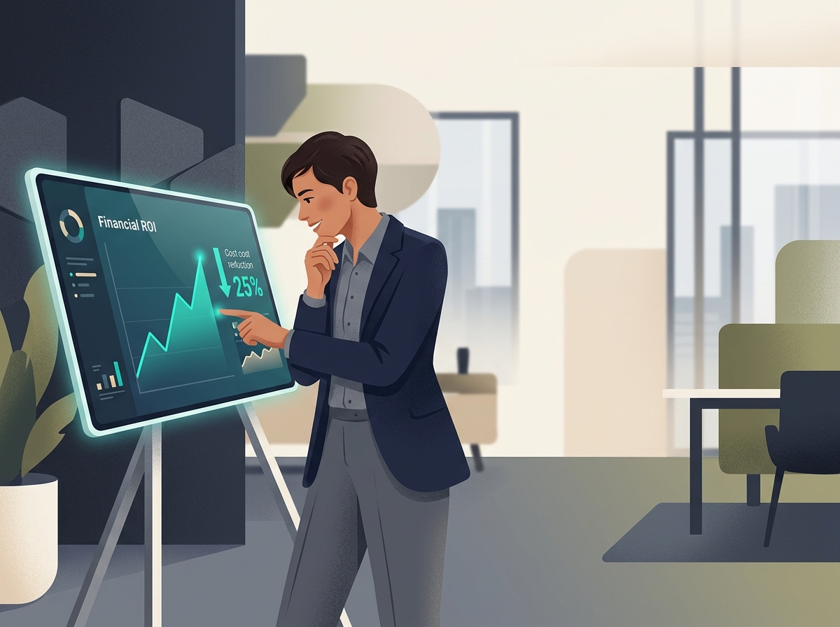 Profesjonalna ilustracja przedstawiająca analityka obserwującego cyfrowy wykres rosnącego ROI bloga firmowego i redukcji kosztów.