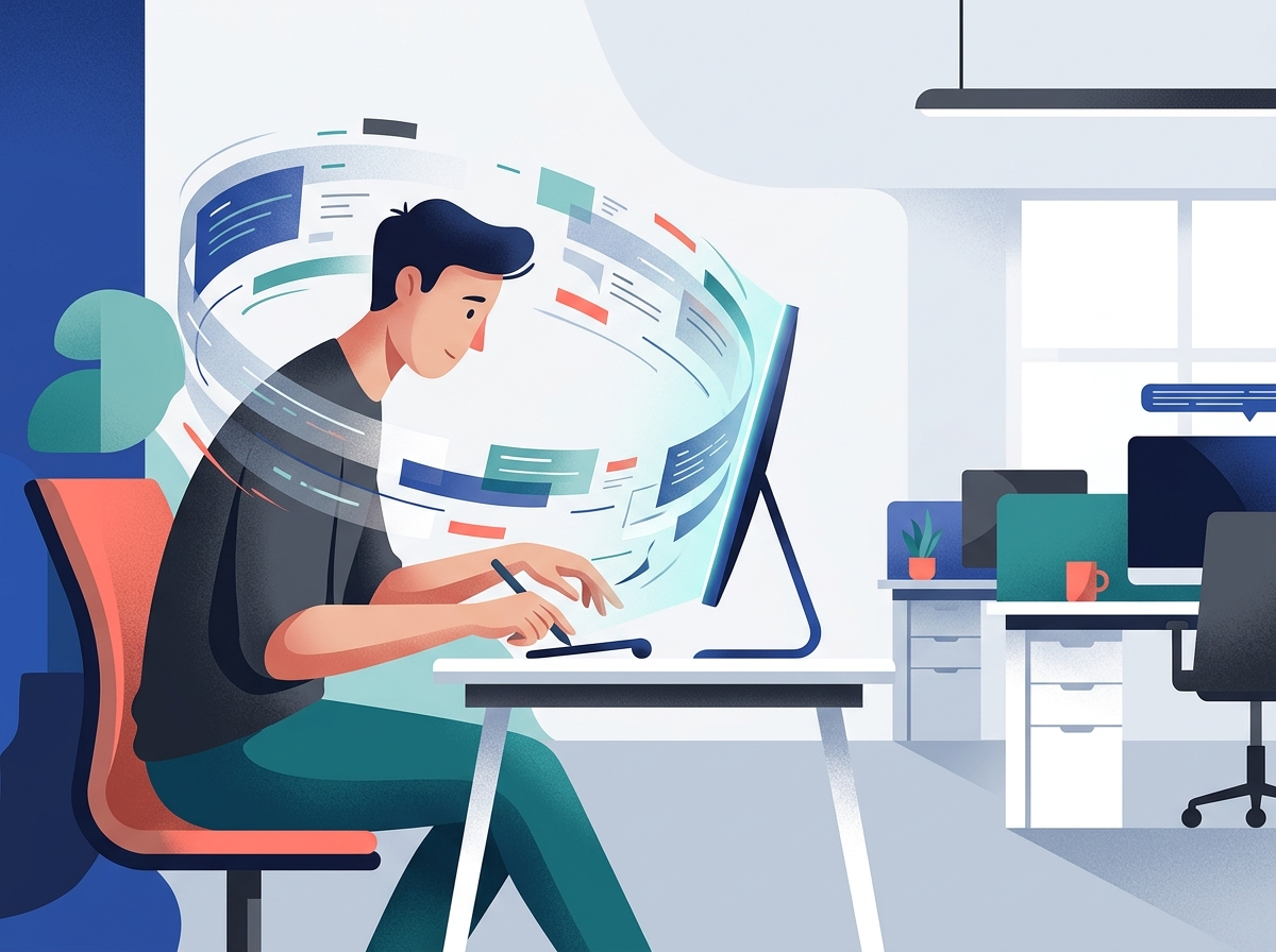 Stylizowana ilustracja copywritera w nowoczesnym biurze, aktywnie współpracującego z AI, symbolizująca ewolucję automatyczny blog vs copywriter.