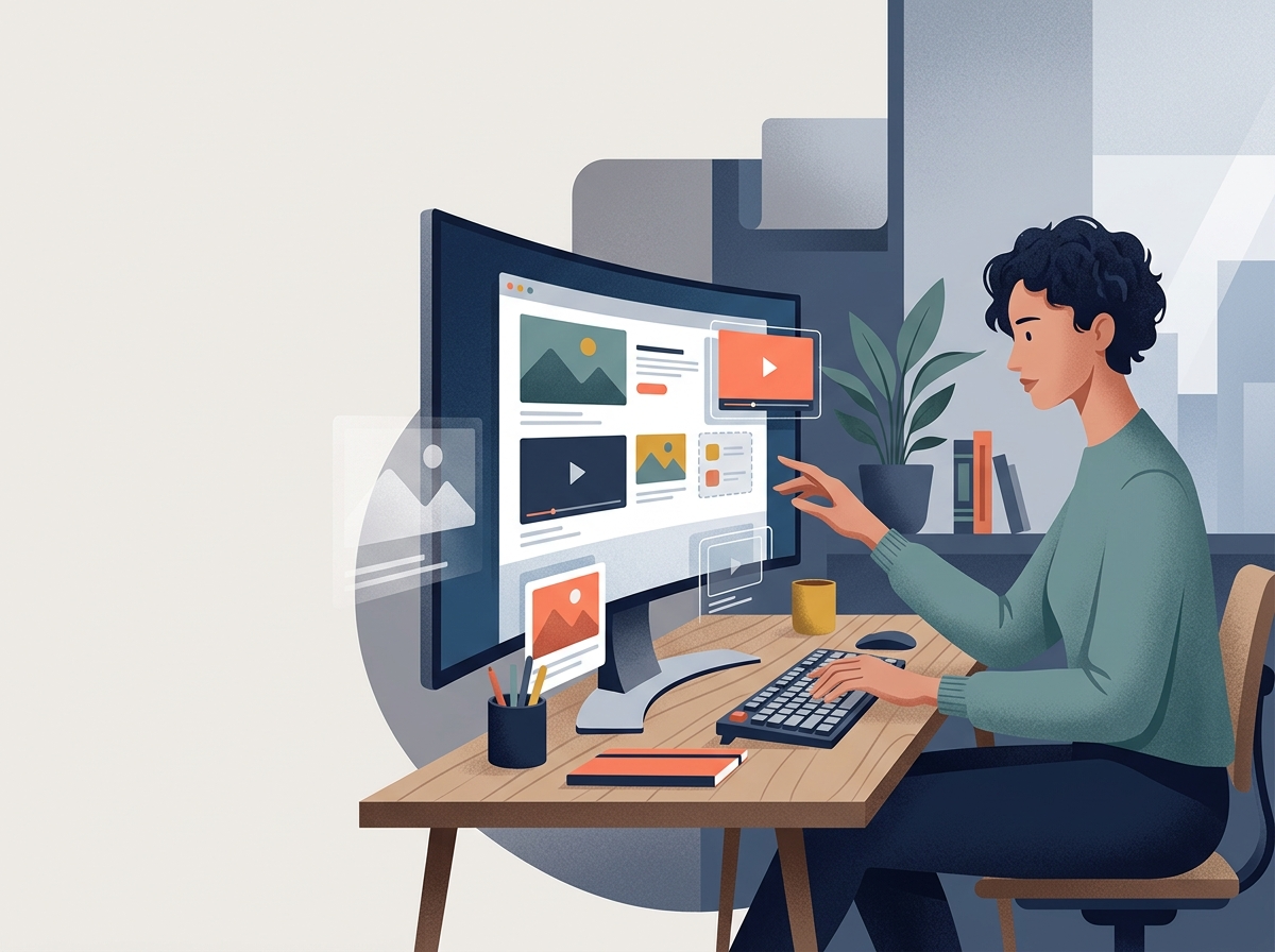 Stylizowana ilustracja programistki efektywnie wdrażającej lazy loading JavaScript SEO, widoczny szybki przepływ treści na ekranie.