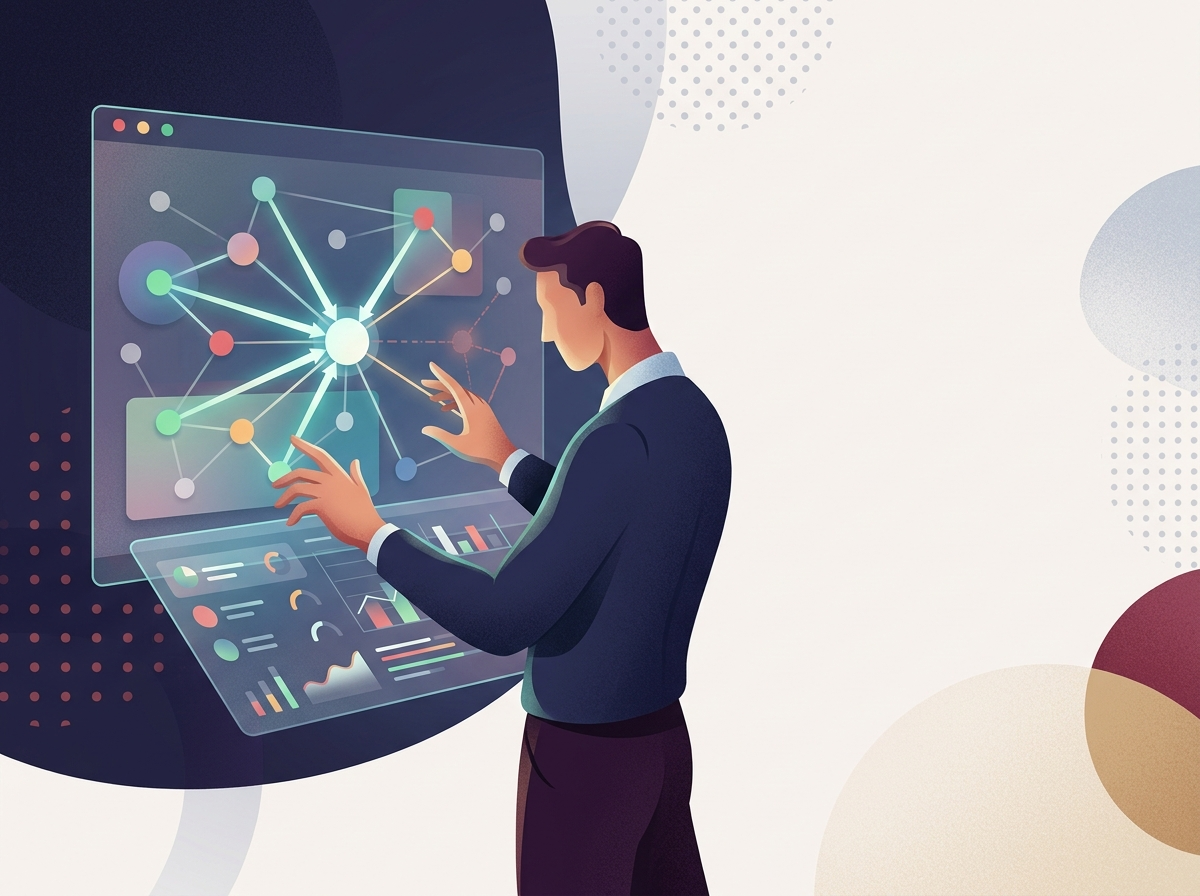 Stylizowana ilustracja specjalisty SEO analizującego cyfrową sieć linków, kluczowych dla czynniki rankingowe Google.