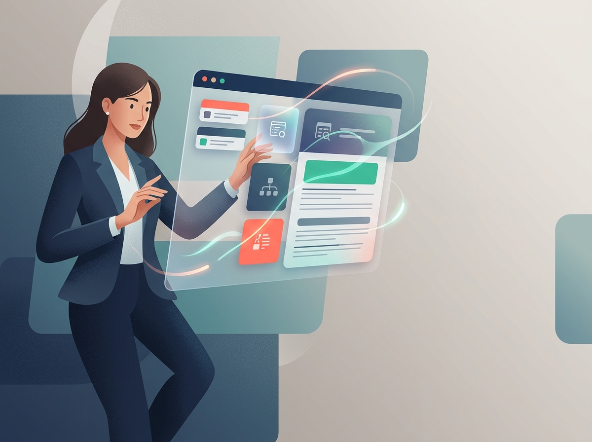 Stylizowana kobieta biznesu optymalizuje treści na interfejsie cyfrowym, aby pojawić się w AI Overviews.