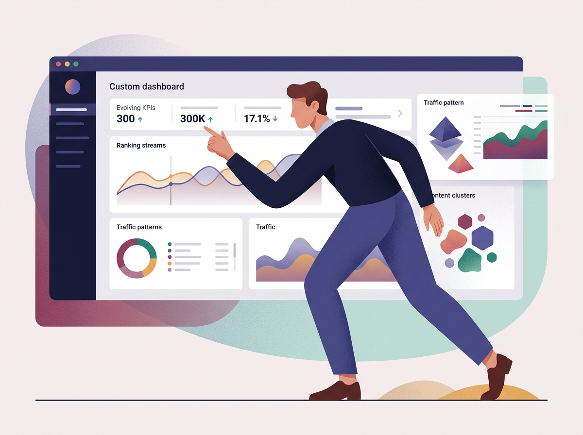 Stylizowana postać analizująca dashboard z danymi, monitorująca widoczność w kontekście AI Overviews Google.