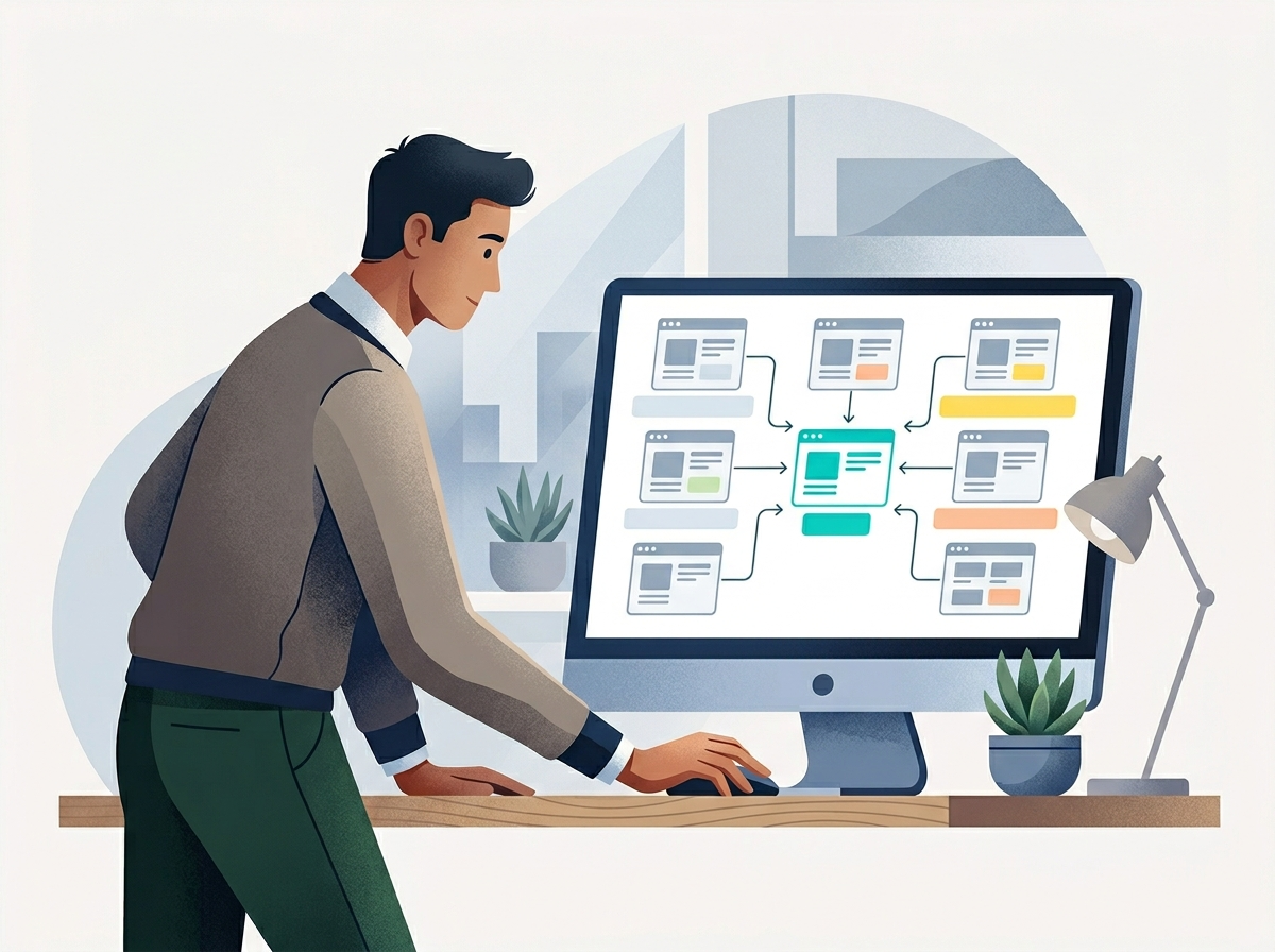 Stylizowana postać analizująca na monitorze poprawnie skonfigurowane canonical tags, z precyzyjnym układem danych.