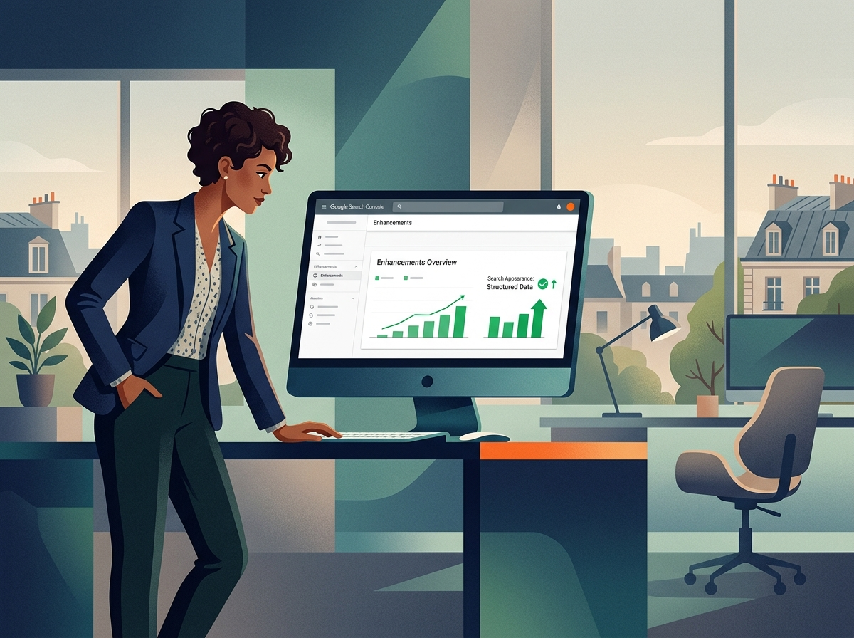 Stylizowana postać analizuje dane Google Search Console, pokazując sukces wdrożenia structured data schema.org.