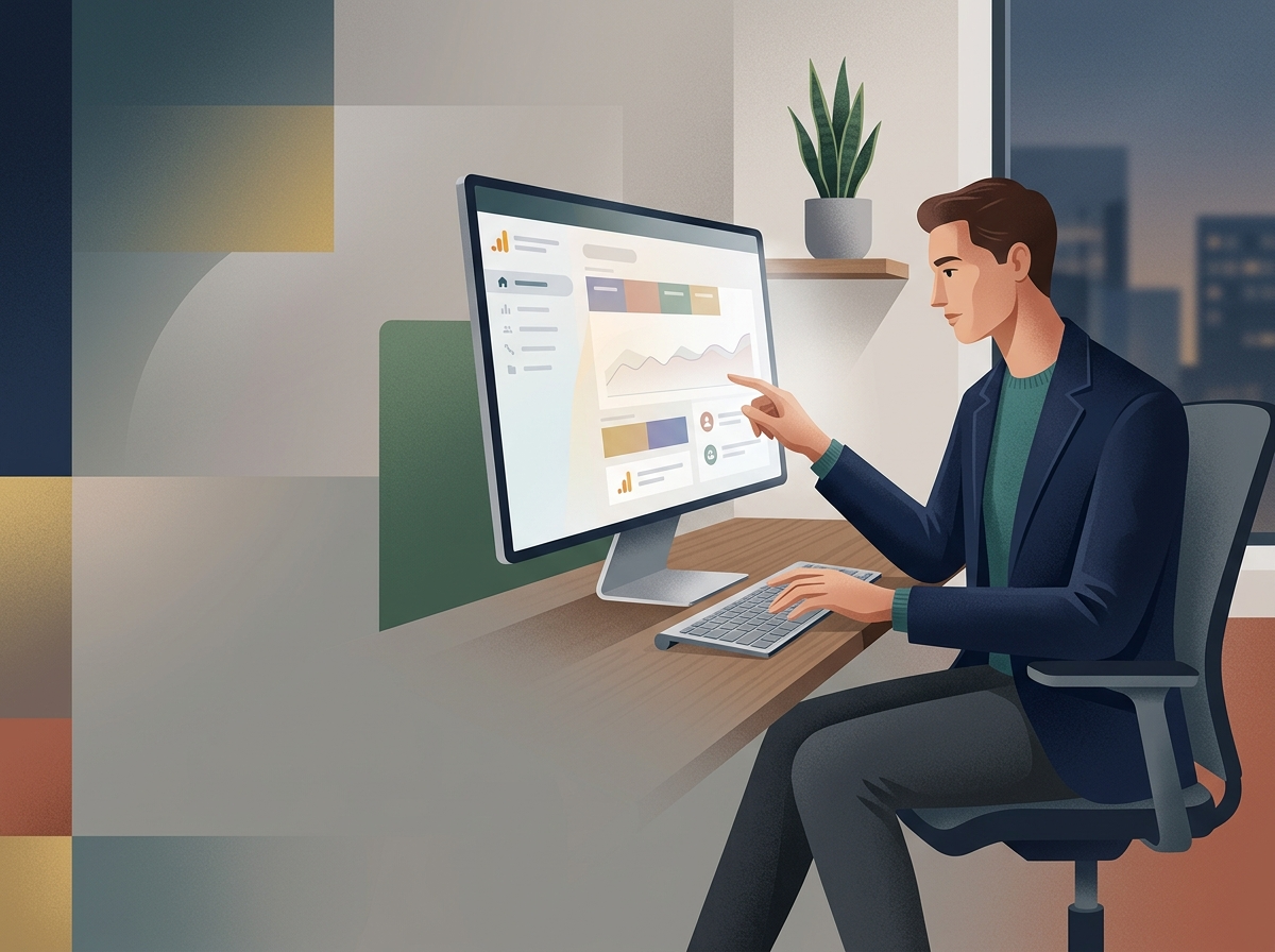 Stylizowana postać analizuje dane na ekranie komputera, podejmując decyzje, jak często publikować blog dla lepszych wyników.