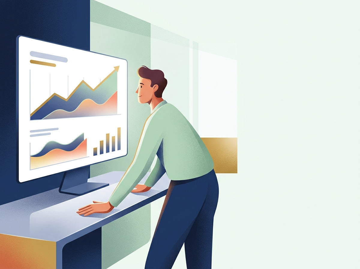 Stylizowana postać analizuje dane na ekranie, mierząc sukces i widoczność w jak prowadzić blog firmowy.