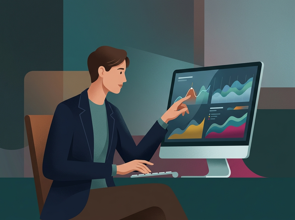 Stylizowana postać analizuje dane na ekranie, planując jak pojawić się w AI Overviews.