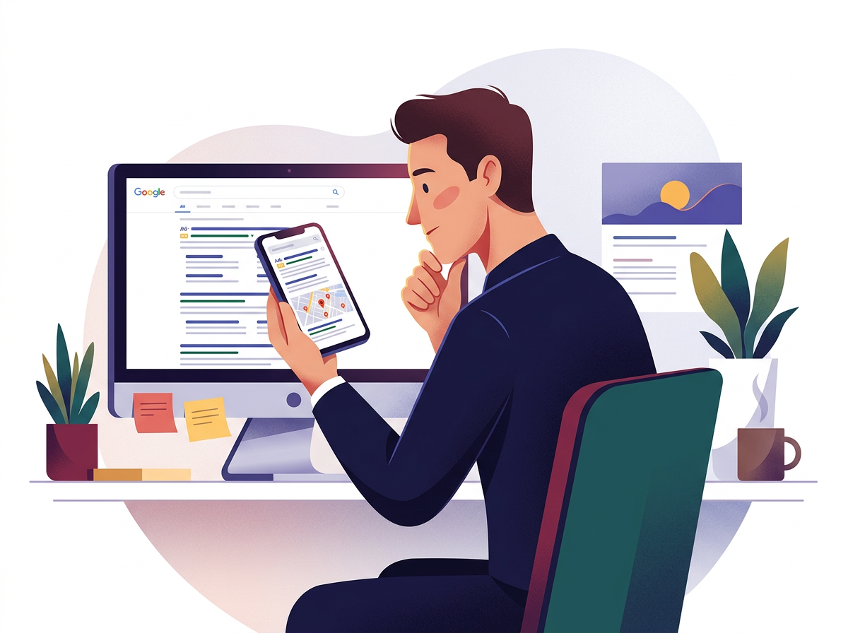 Stylizowana postać analizuje różnice w wyświetlaniu co to jest SERP na smartfonie i komputerze.