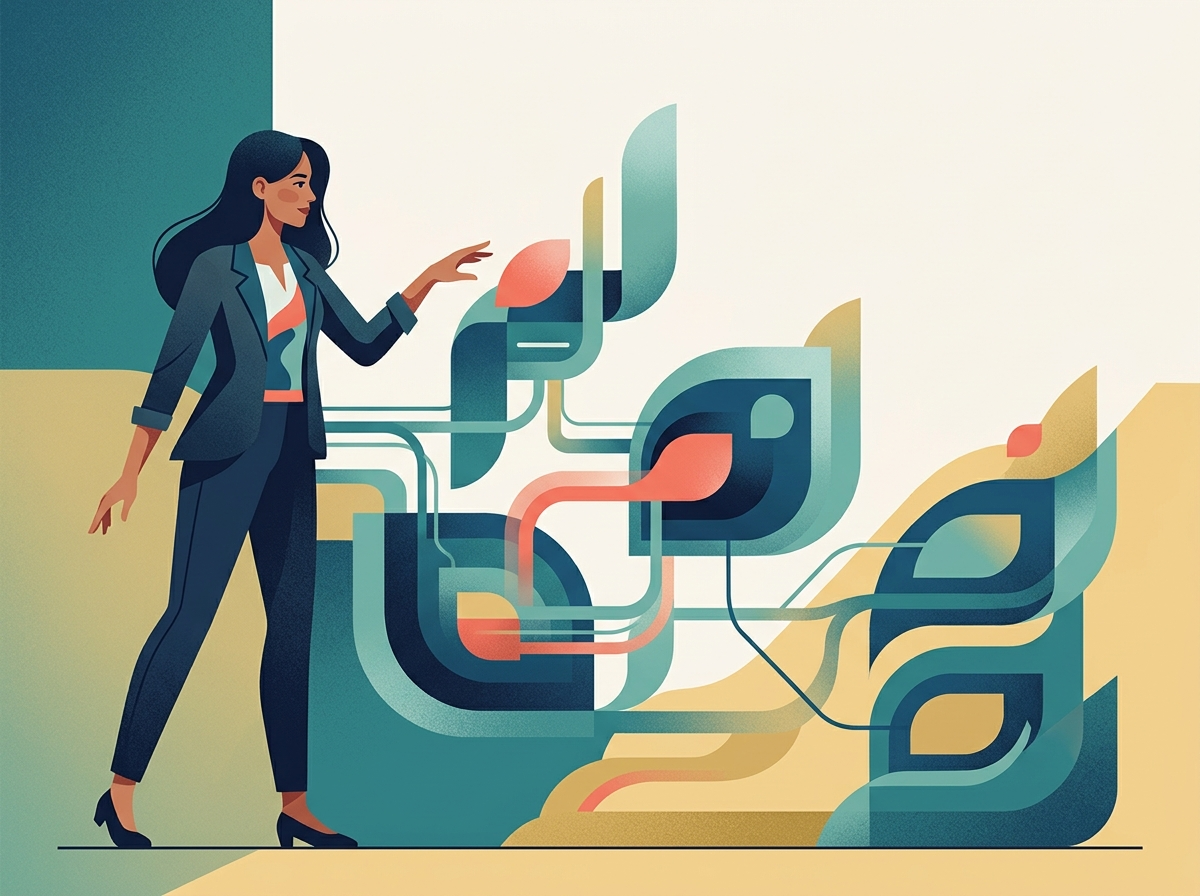 Stylizowana postać analizuje uporządkowane klastry treści, symbolizujące skuteczny keyword clustering i wzrost widoczności.