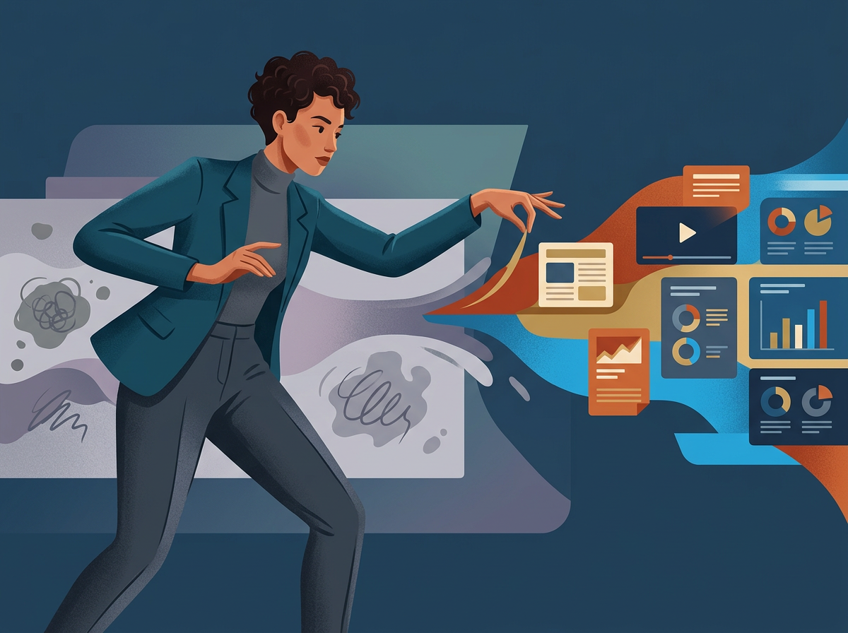 Stylizowana postać człowieka porządkuje cyfrowe dane, filtrując spam, co pokazuje, że SEO ma sens 2026.