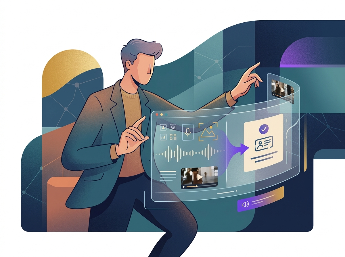 Stylizowana postać europejska korzysta z multimodalnego interfejsu AI, symbolizując przyszłość SEO i inteligentne wyszukiwanie.