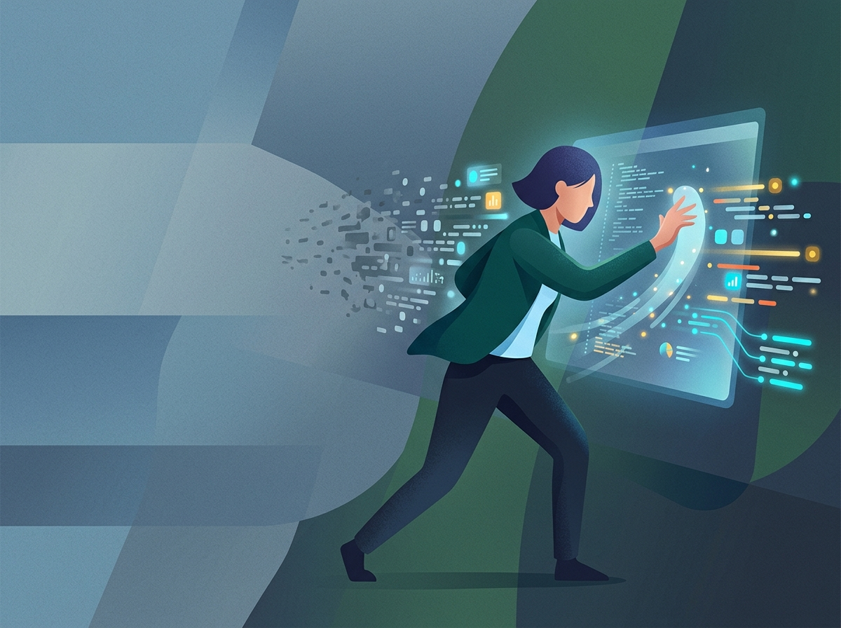 Stylizowana postać filtruje dane na ekranie, wybierając kluczowe frazy do analizy słów kluczowych konkurencji.