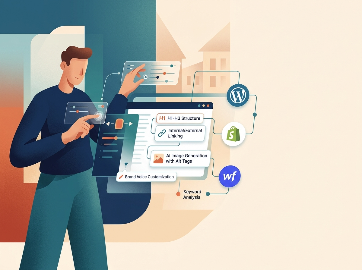 Stylizowana postać konfigurująca platformę do automatyczny blog firmowy AI, integrującą CMS i głos marki.