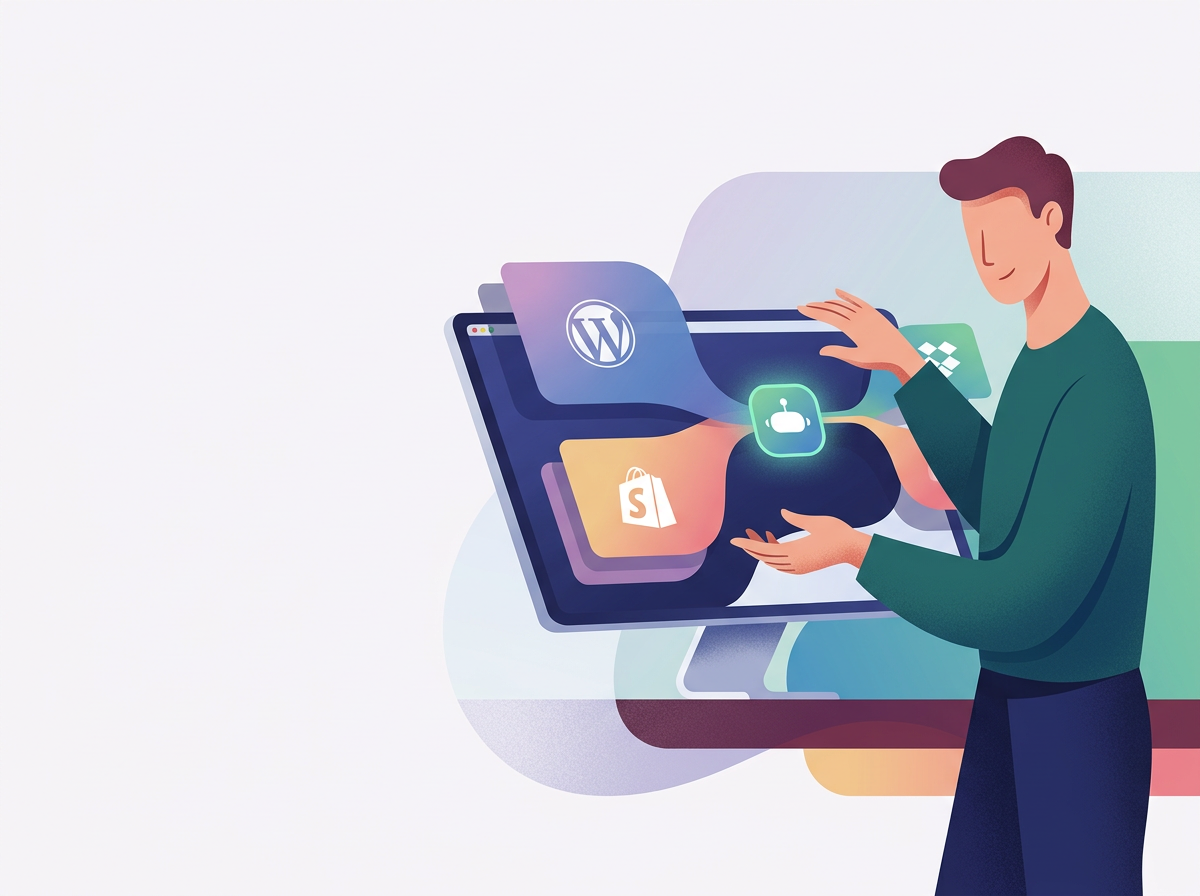 Stylizowana postać konfiguruje bezkodowy workflow, integrując platformy CMS dla bloga firmowego na autopilocie.