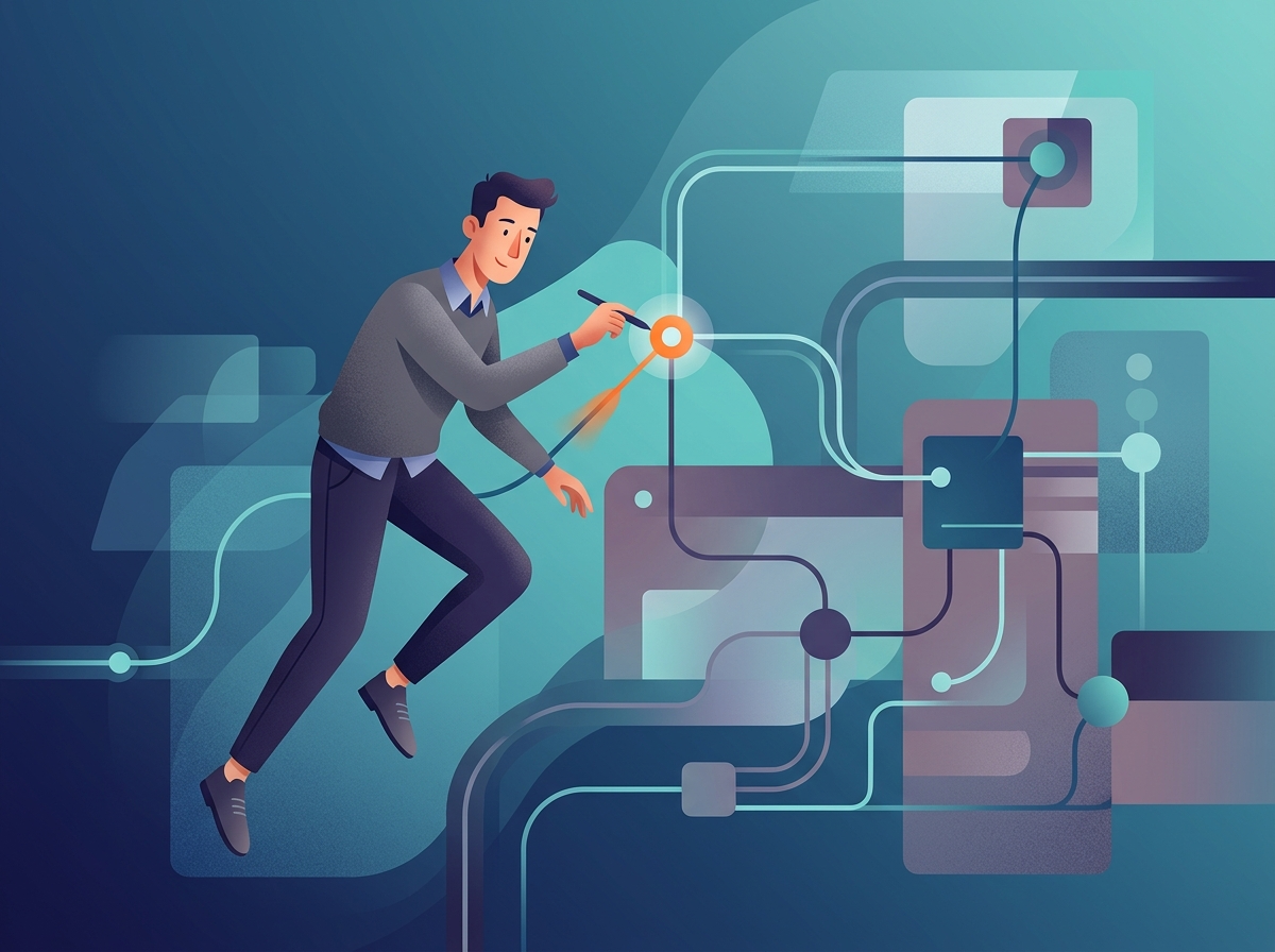 Stylizowana postać mężczyzny precyzyjnie optymalizująca abstrakcyjną strukturę cyfrową, symbolizującą skuteczny audyt techniczny SEO.