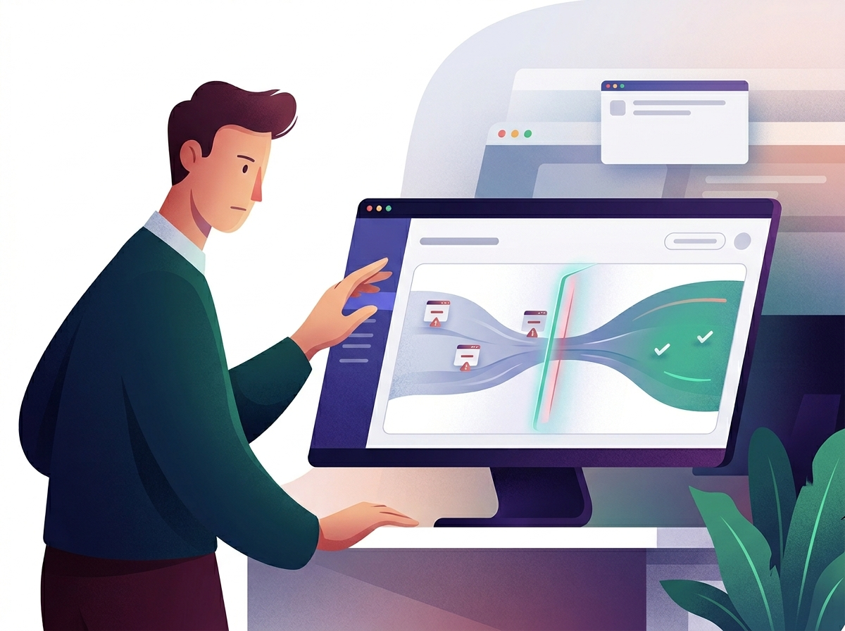 Stylizowana postać monitoruje cyfrowy pulpit nawigacyjny, gdzie system automatycznie wykrywa i zapobiega błędom 404 SEO.