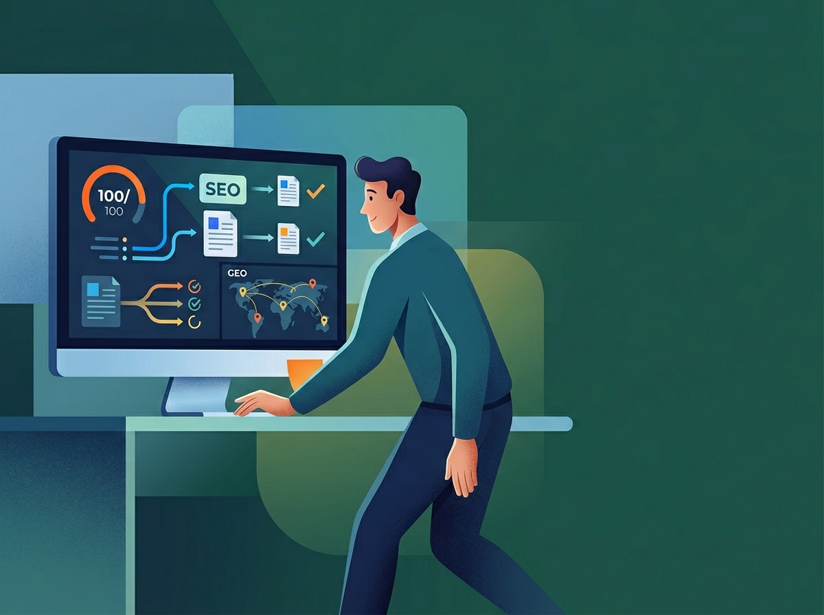 Stylizowana postać nadzorująca zautomatyzowany system do optymalizacji treści pod ChatGPT, generujący artykuły.