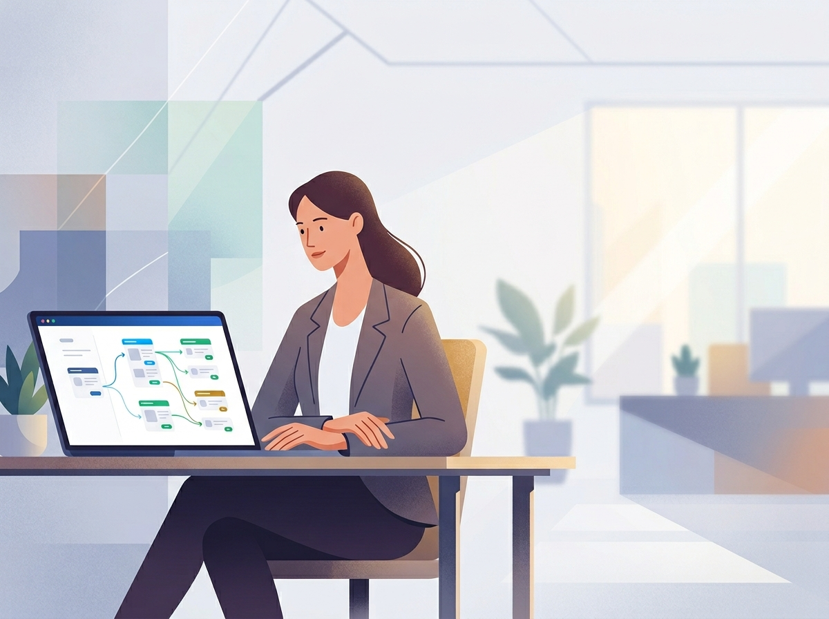 Stylizowana postać nadzoruje ekran laptopa, gdzie agent AI automatycznie dba o tagi kanoniczne i techniczne SEO.