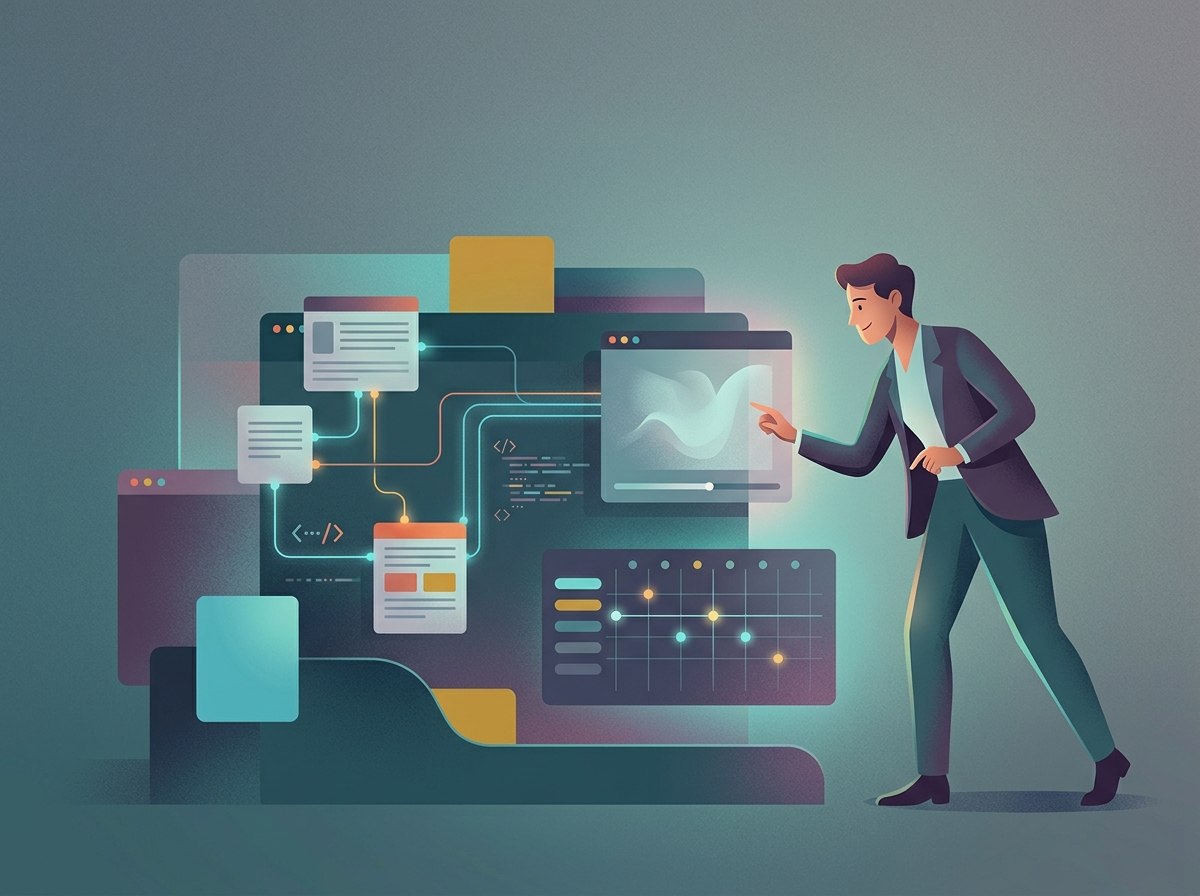 Stylizowana postać obserwująca zautomatyzowany system do zarządzania i publikacji bloga firmowego na autopilocie.