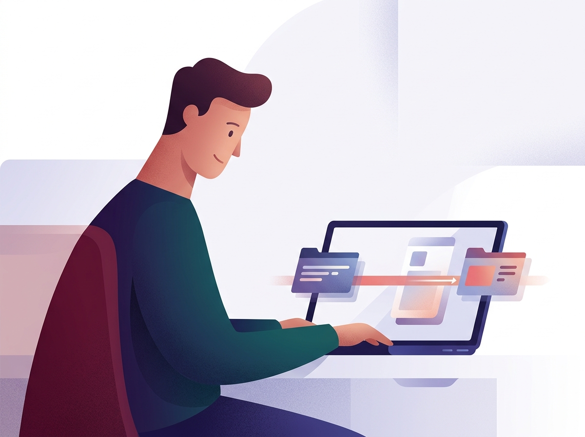 Stylizowana postać obserwuje ekran laptopa, gdzie dane bezpiecznie przepływają, podkreślając lepsze przekierowania niż 301 302.