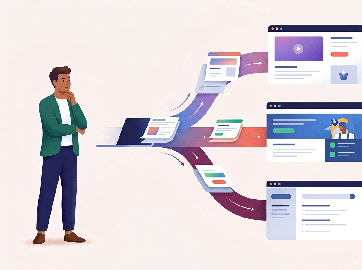 Stylizowana postać obserwuje płynny, automatyczny przepływ treści cyfrowych z automatyczny blog firmowy AI, symbolizujący rozwój.