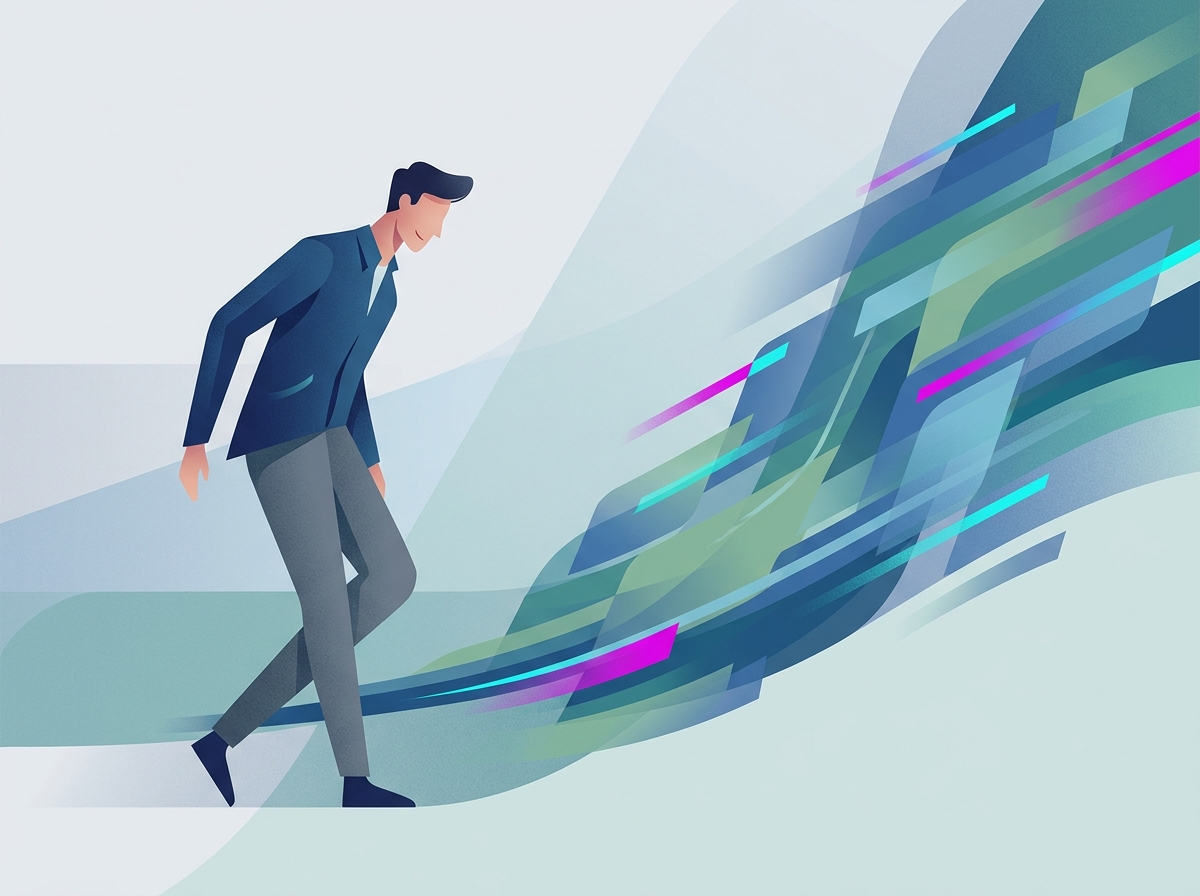 Stylizowana postać obserwuje szybki, bezpieczny przepływ danych, symbolizujący optymalizację HTTPS SSL SEO.