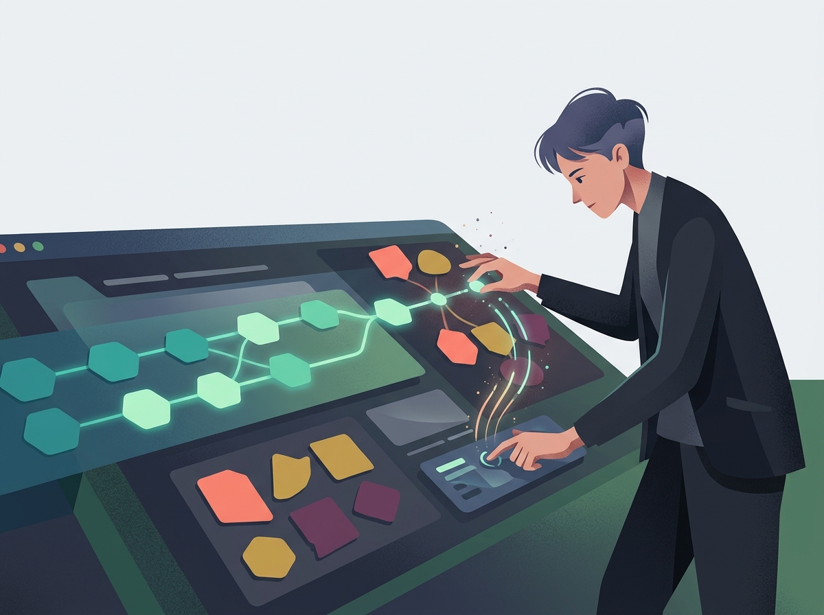 Stylizowana postać optymalizuje abstrakcyjny interfejs cyfrowy, poprawiając indeksowanie Google Search Console.