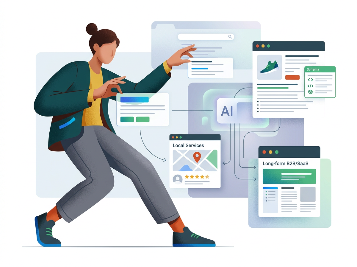 Stylizowana postać optymalizuje cyfrowe strategie dla różnych branż, podkreślając, czy SEO ma sens 2026.