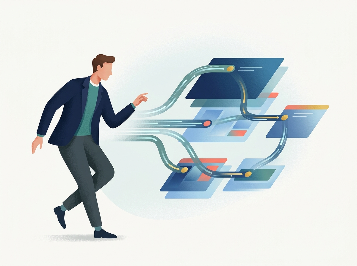 Stylizowana postać optymalizuje szybki i płynny przepływ danych, zwiększając efektywność crawl budget.