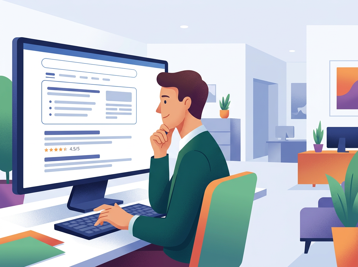 Stylizowana postać optymalizuje treści na ekranie, gdzie widać wyróżniony fragment (Featured Snippet) w wynikach co to jest SERP.