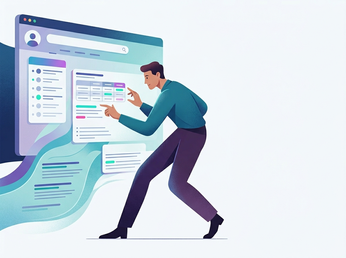 Stylizowana postać optymalizuje treści pod AI, widząc sukces po analizie słów kluczowych konkurencji.