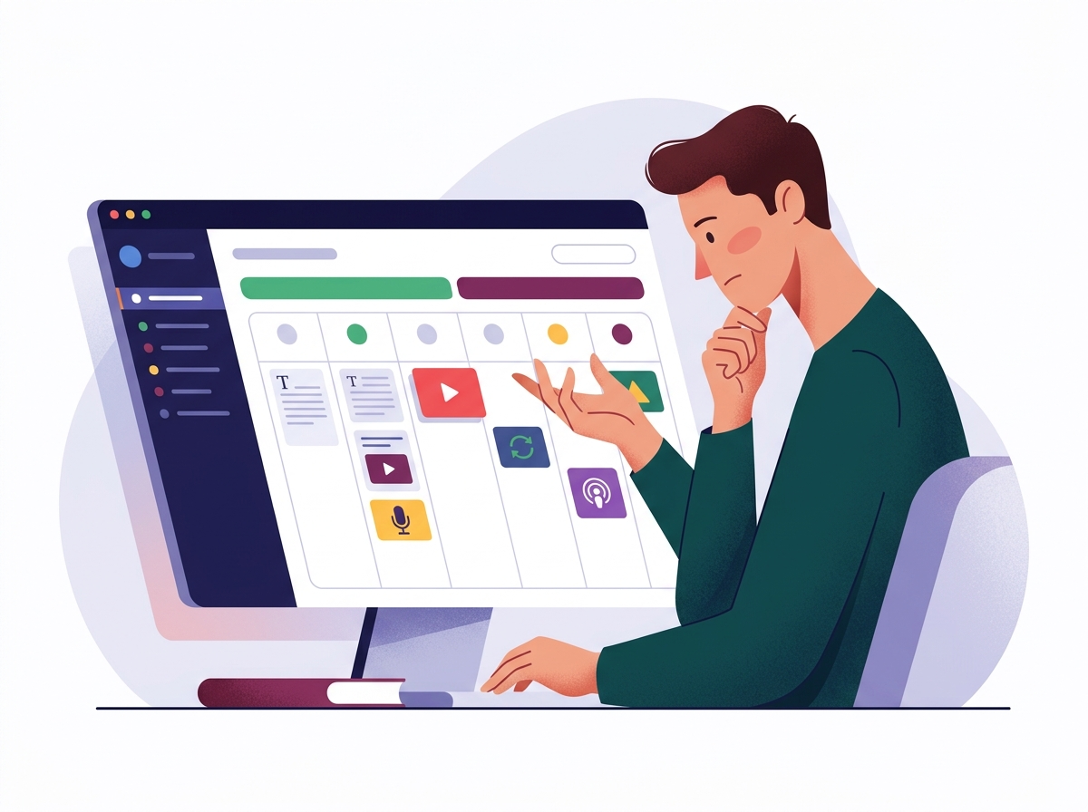 Stylizowana postać planująca strategię publikacji bloga, równoważąca nowe i odświeżane treści dla maksymalnej widoczności.