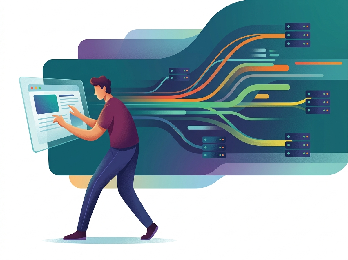 Stylizowana postać płynnie korzystająca z szybko ładującej się strony, symbolizująca optymalizację Core Web Vitals dzięki hostingowi i CDN.