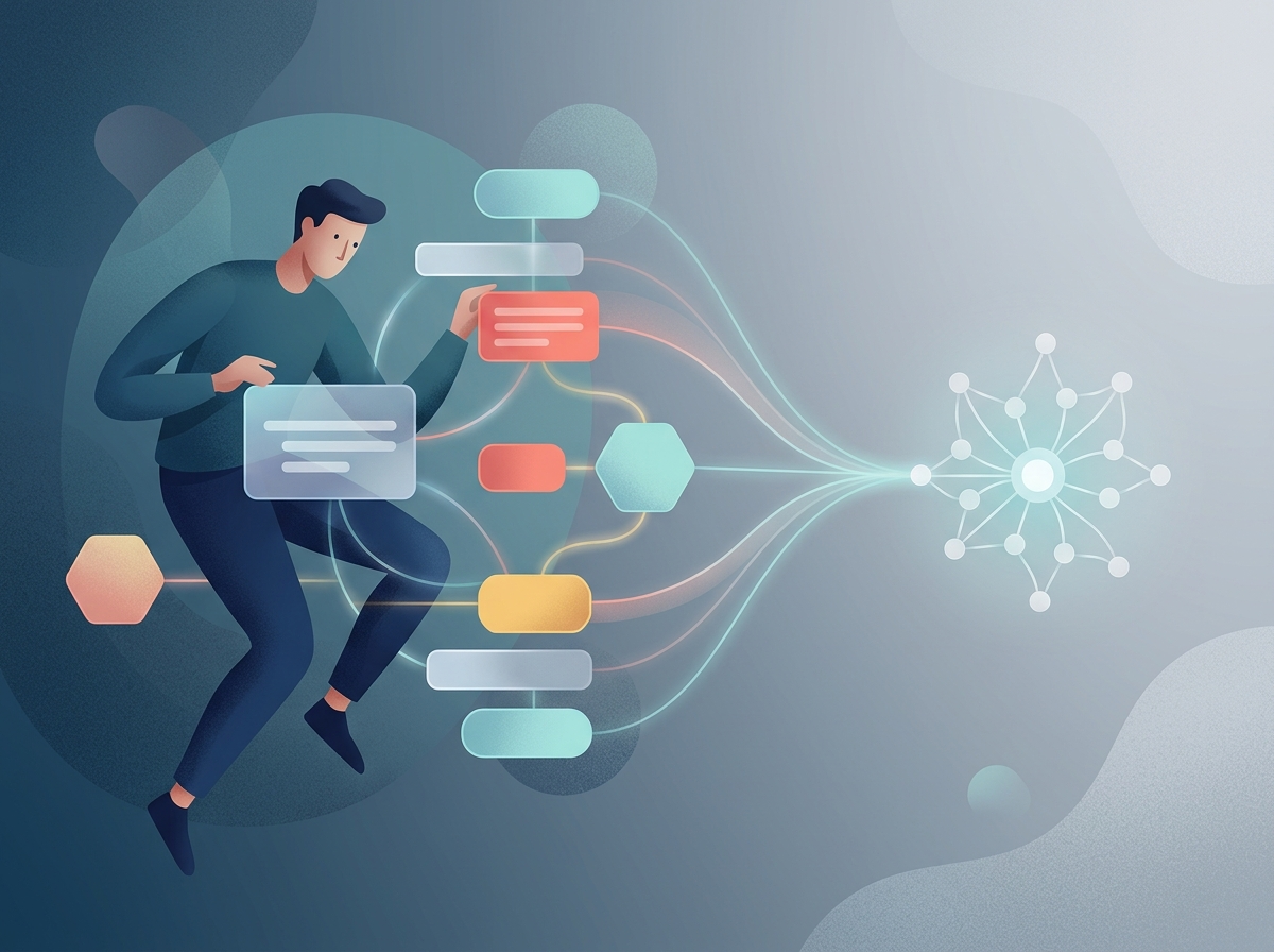 Stylizowana postać porządkuje bloki encji dla AI, co ułatwia optymalizację pod ChatGPT.