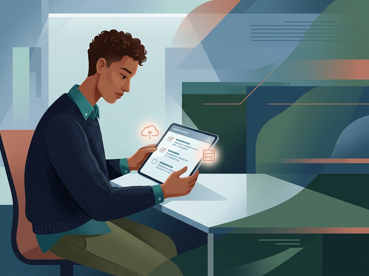 Stylizowana postać specjalisty SEO analizuje cyfrową checklistę, zapewniając płynną migrację strony SEO.