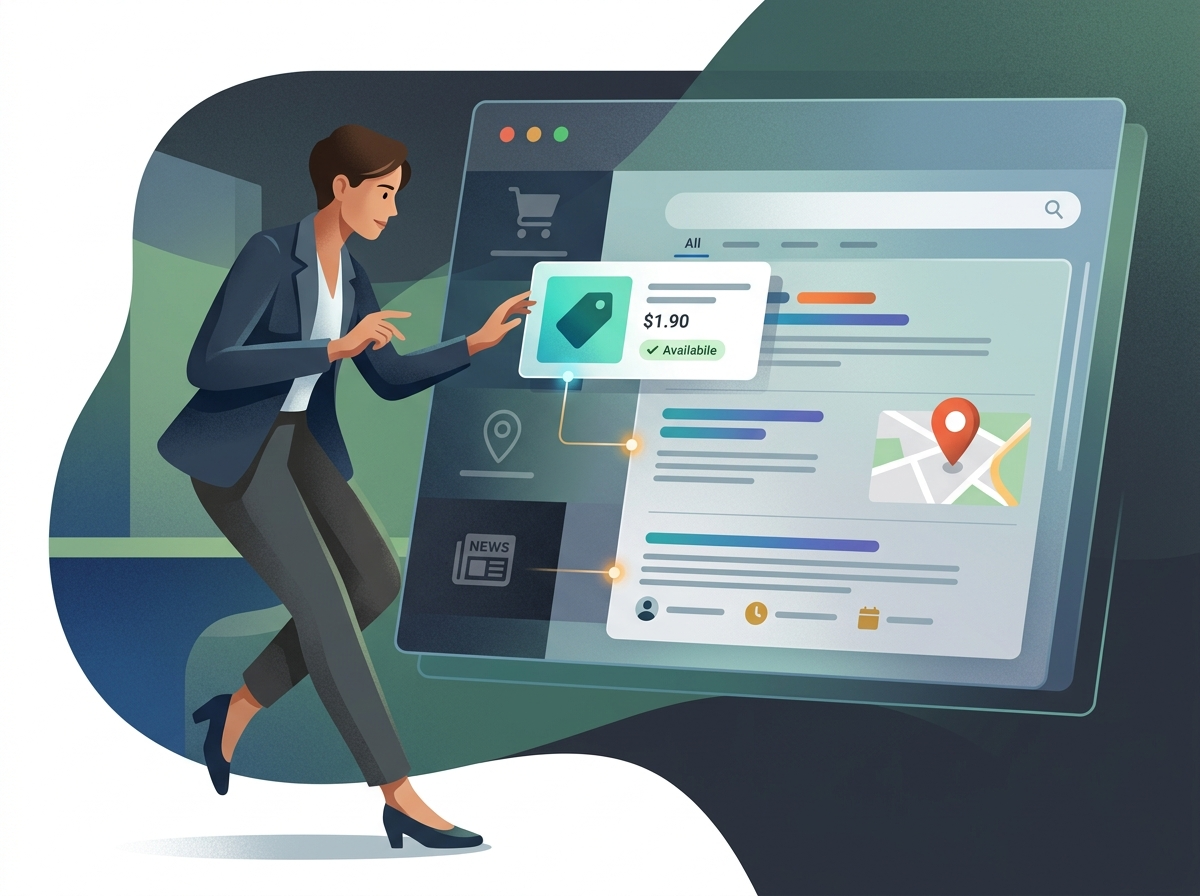 Stylizowana postać w dynamicznej pozie, automatyzująca wdrożenie structured data schema.org na cyfrowym ekranie.