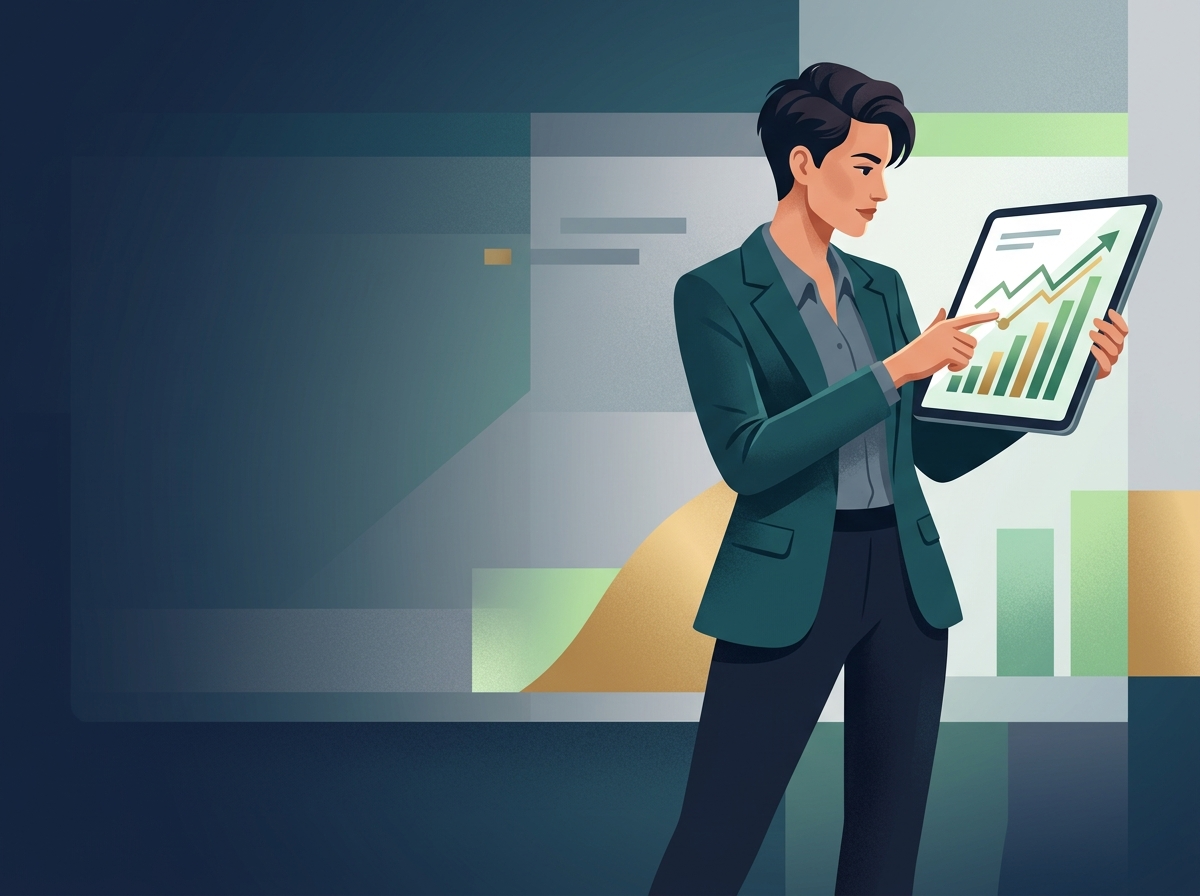 Stylizowany biznesmen analizuje dane o wzroście, demonstrując biznesowe korzyści z optymalizacji Core Web Vitals.