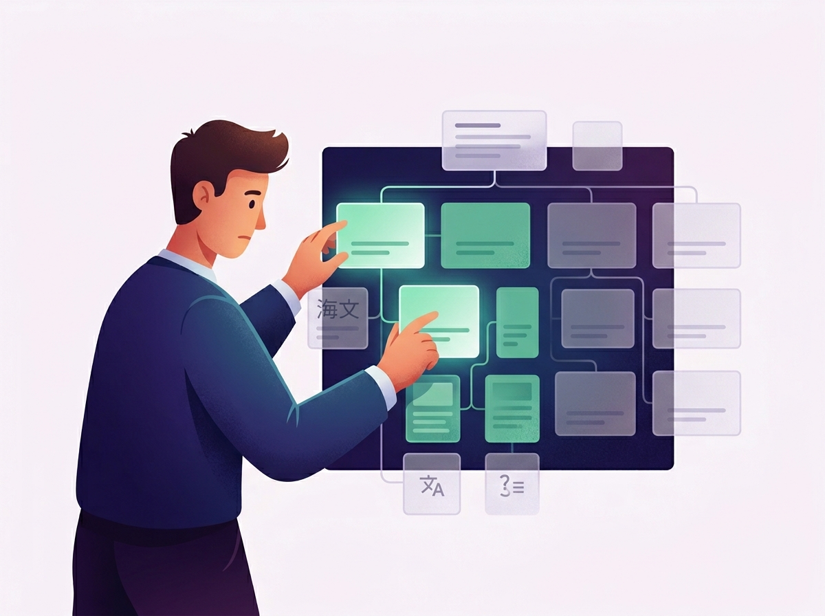 Stylizowany deweloper optymalizuje cyfrową strukturę z bloków, tworząc czystą mapa strony XML sitemap.