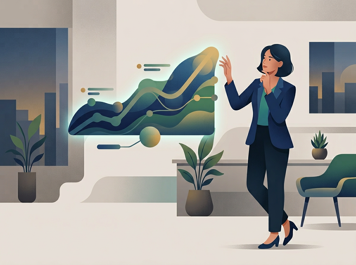 Stylizowany profesjonalista analizuje abstrakcyjną wizualizację danych, symbolizującą sukces w SEO i realne zyski firmy.