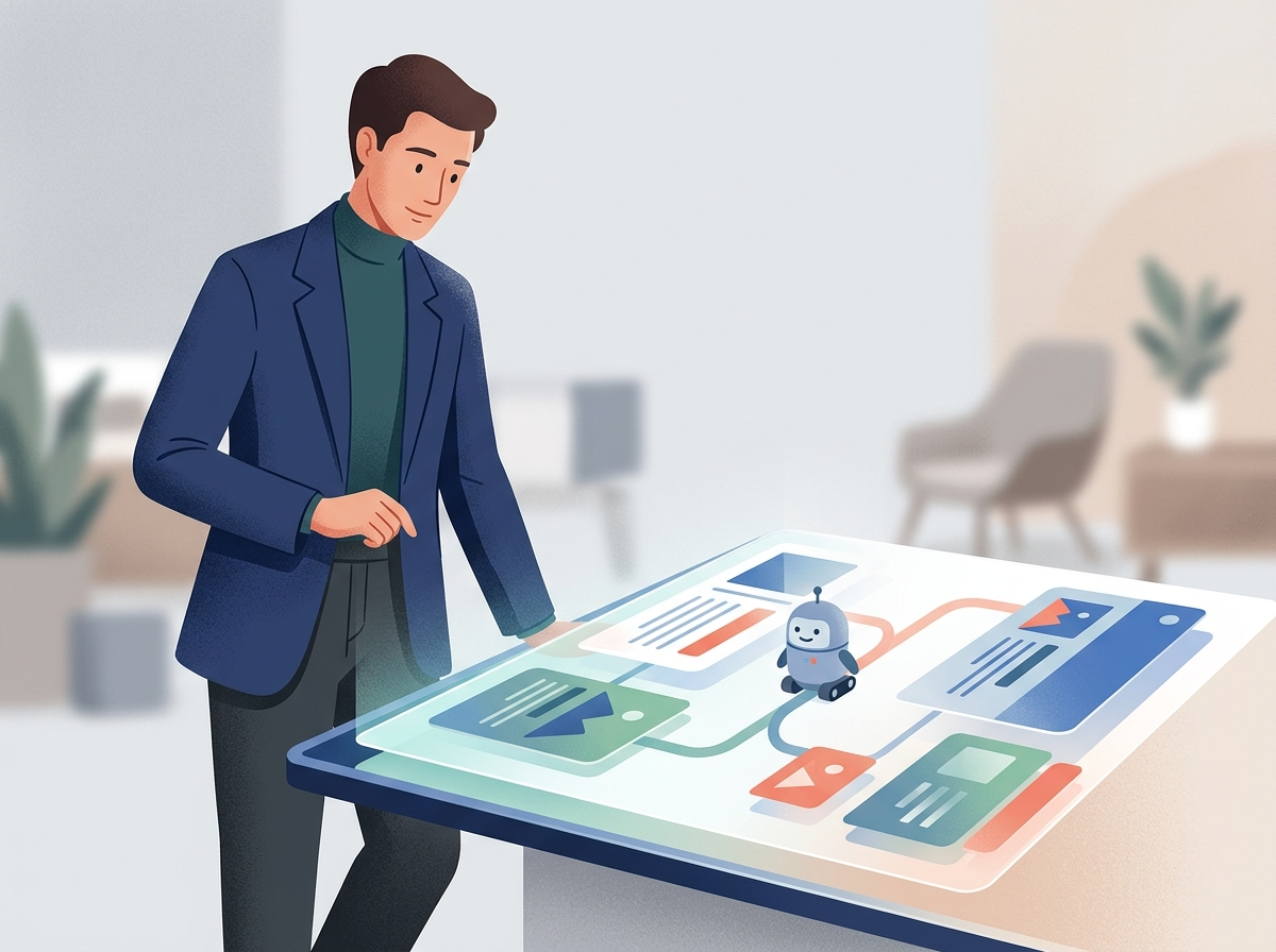 Stylizowany profesjonalista obserwuje interfejs pokazujący płynne indeksowanie Google Search Console, symbolizujące wysoką jakość treści.