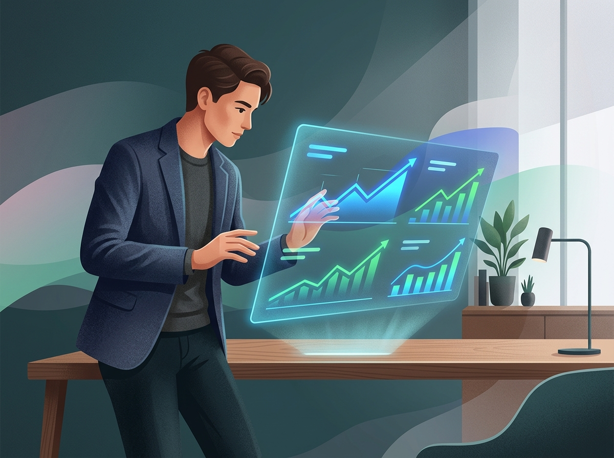 Stylizowany przedsiębiorca analizuje rosnące wykresy na ekranie, pokazując zwrot z inwestycji w pozycjonowanie.